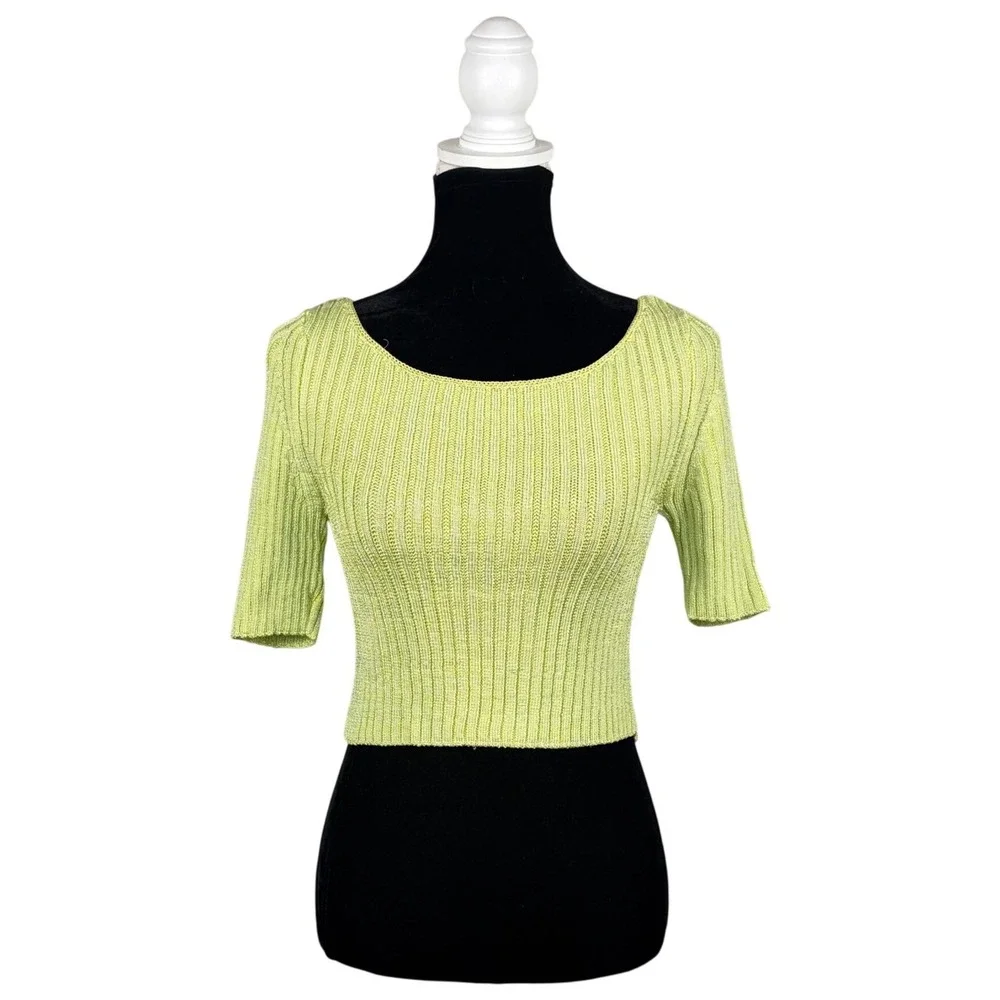 Free People Lime Green Ribbed Knit Scoop Back Crop Top Minimalist Womens Small